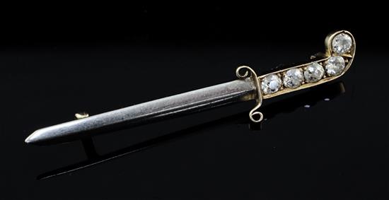 A gold and diamond dagger brooch, 2in.